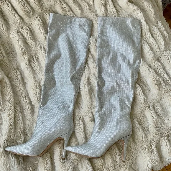 ALDO CLAIRA CRYSTAL SLOUCH STILETTO BOOTS SILVER, SZ 7.5 - Picture 4 of 6